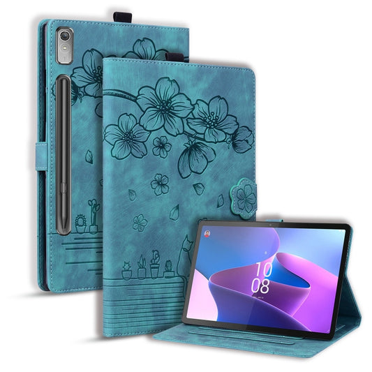 For Lenovo Xiaoxin Pad Pro 2022 / P11 Pro 2 Cartoon Sakura Cat Embossed Leather Tablet Case(Green) - Lenovo by PMC Jewellery | Online Shopping South Africa | PMC Jewellery | Buy Now Pay Later Mobicred