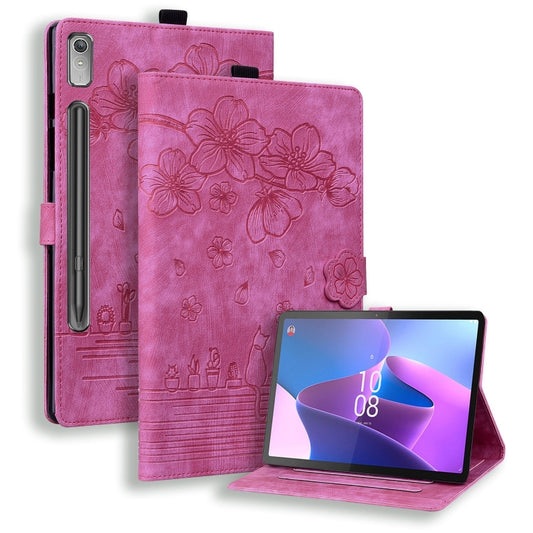 For Lenovo Xiaoxin Pad Pro 2022 / P11 Pro 2 Cartoon Sakura Cat Embossed Leather Tablet Case(Rose Red) - Lenovo by PMC Jewellery | Online Shopping South Africa | PMC Jewellery | Buy Now Pay Later Mobicred