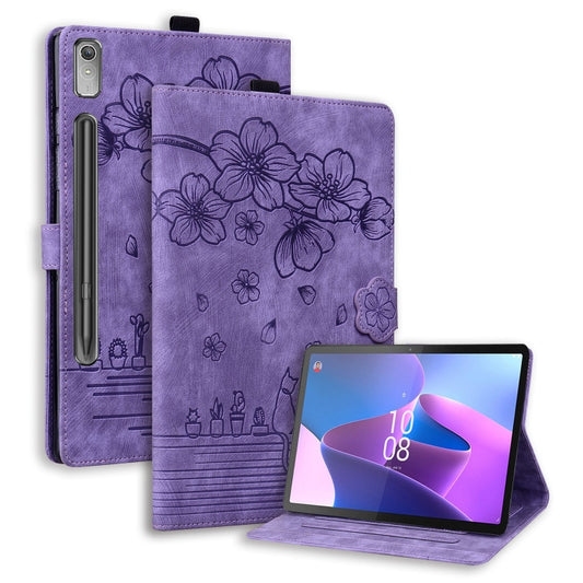 For Lenovo Xiaoxin Pad Pro 2022 / P11 Pro 2 Cartoon Sakura Cat Embossed Leather Tablet Case(Purple) - Lenovo by PMC Jewellery | Online Shopping South Africa | PMC Jewellery | Buy Now Pay Later Mobicred