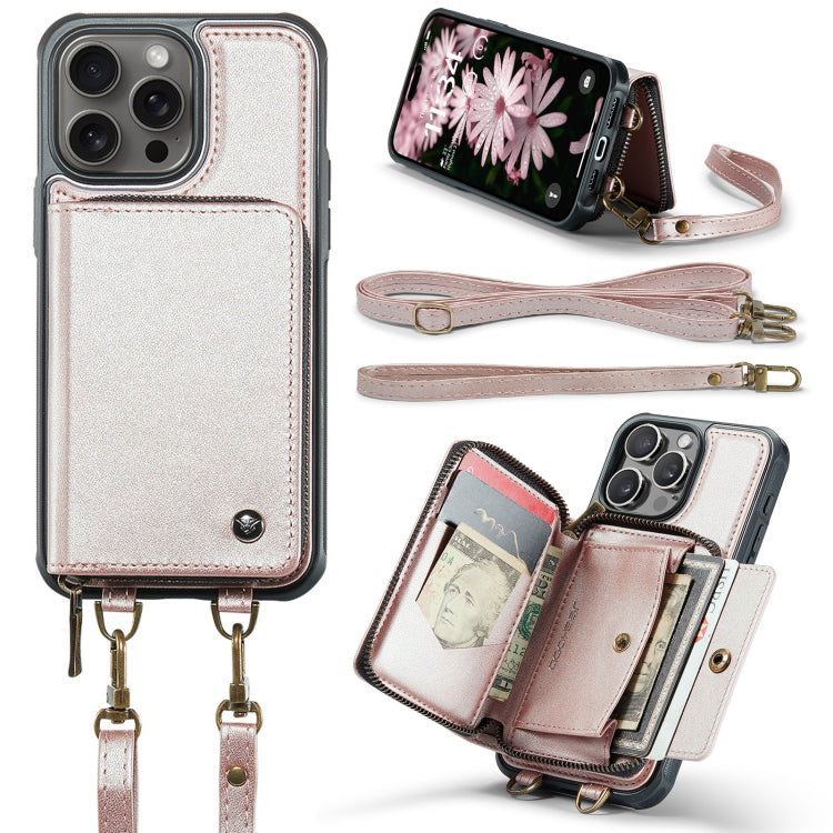 For iPhone 16 Pro JEEHOOD C22 Series Zipper Wallet Leather Phone Case with Dual Lanyard(Rose Gold) - iPhone 16 Pro Cases by JEEHOOD | Online Shopping South Africa | PMC Jewellery | Buy Now Pay Later Mobicred