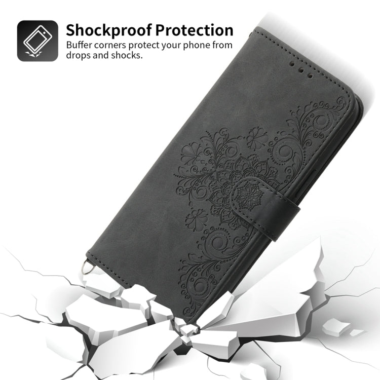 For iPhone 16e Skin-feel Flowers Embossed Wallet Leather Phone Case(Black) - iPhone 16e Cases by PMC TechLife | Online Shopping South Africa | PMC TechLife | Buy Now Pay Later Mobicred