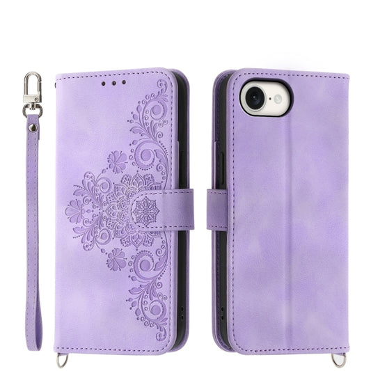 For iPhone 16e Skin-feel Flowers Embossed Wallet Leather Phone Case(Purple) - iPhone 16e Cases by PMC Jewellery | Online Shopping South Africa | PMC Jewellery | Buy Now Pay Later Mobicred