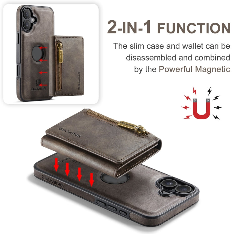 For iPhone 16 Plus DG.MING M5 Series Zip RFID Multi Card Detachable Leather Phone Case(Coffee) - iPhone 16 Plus Cases by DG.MING | Online Shopping South Africa | PMC Jewellery | Buy Now Pay Later Mobicred