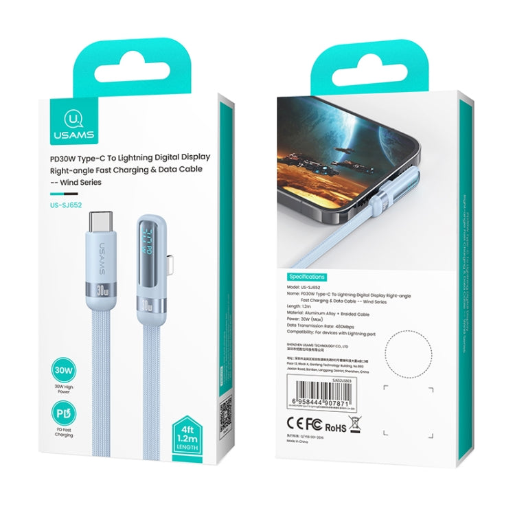 USAMS US-SJ652 PD 30W USB-C/Type-C to 8 Pin Aluminum Alloy Digital Display Fast Charging Elbow Data Cable, Length: 1.2m(Black) - 2 in 1 Cable by USAMS | Online Shopping South Africa | PMC TechLife | Buy Now Pay Later Mobicred