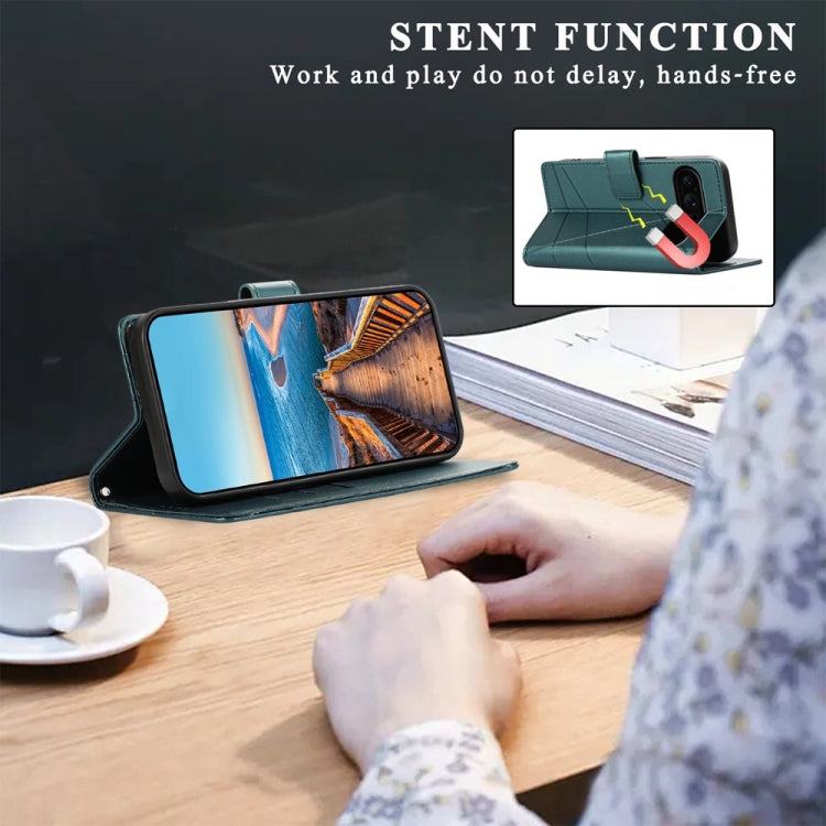 For Google Pixel 9 Pro PU Genuine Leather Texture Embossed Line Phone Case(Green) - Google Cases by PMC TechLife | Online Shopping South Africa | PMC TechLife | Buy Now Pay Later Mobicred
