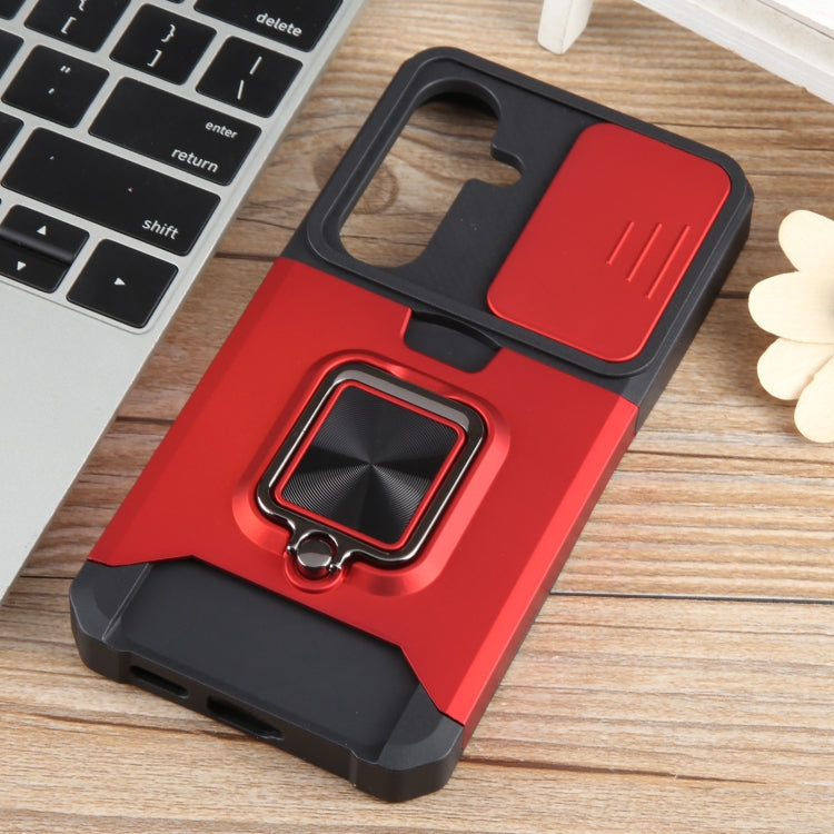 For Samsung Galaxy S24 5G Camera Shield Card Slot PC+TPU Phone Case(Red) - Galaxy S24 5G Cases by PMC Jewellery | Online Shopping South Africa | PMC Jewellery