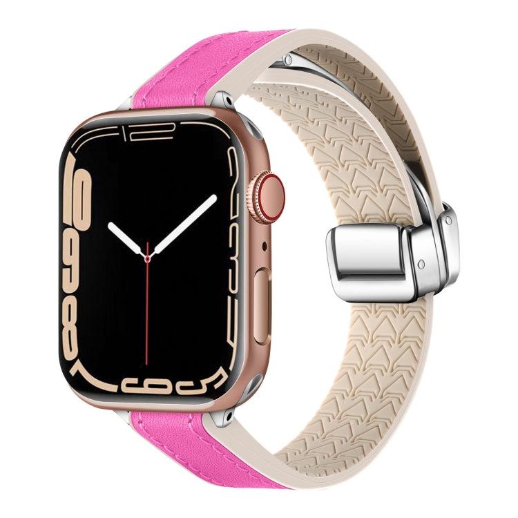 For Apple Watch SE 2023 44mm Magnetic Folding Leather Silicone Watch Band(Rose Red) - Watch Bands by PMC Jewellery | Online Shopping South Africa | PMC Jewellery