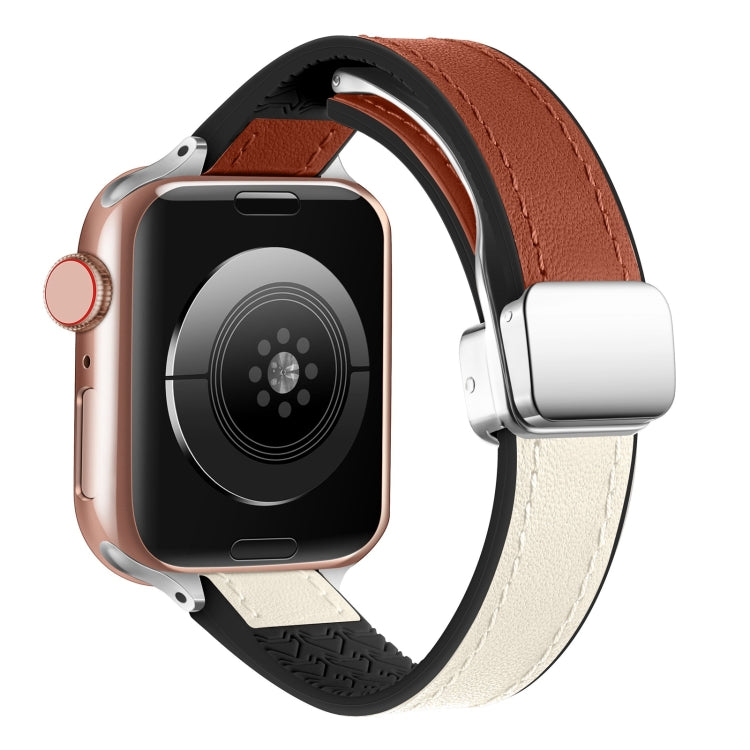 For Apple Watch Series 9 45mm Magnetic Folding Leather Silicone Watch Band(Starlight Brown) - Watch Bands by PMC Jewellery | Online Shopping South Africa | PMC Jewellery