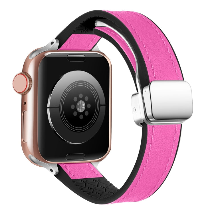 For Apple Watch Series 8 45mm Magnetic Folding Leather Silicone Watch Band(Rose Pink on Black) - Watch Bands by PMC Jewellery | Online Shopping South Africa | PMC Jewellery