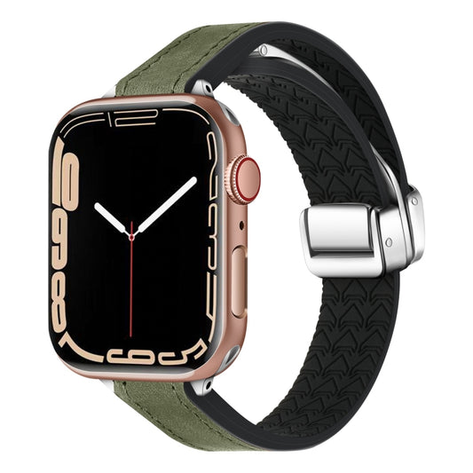 For Apple Watch SE 2022 44mm Magnetic Folding Leather Silicone Watch Band(Crazy Horse Green) - Watch Bands by PMC Jewellery | Online Shopping South Africa | PMC Jewellery