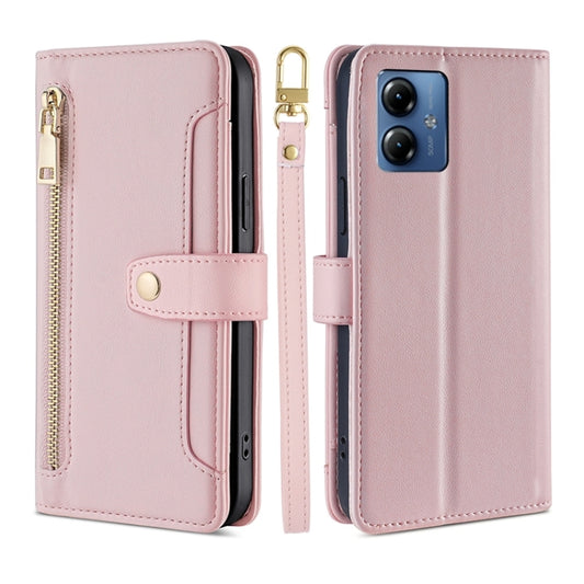 For Motorola Moto G14 4G Lite Sheep Texture Cross-body Zipper Wallet Leather Phone Case(Pink) - Motorola Cases by PMC Jewellery | Online Shopping South Africa | PMC Jewellery | Buy Now Pay Later Mobicred