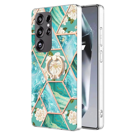 For Samsung Galaxy S25 Ultra 5G Electroplating Splicing Marble Flower Pattern TPU Shockproof Case with Rhinestone Ring Holder(Blue Flower) - Galaxy S25 Ultra 5G Cases by PMC Jewellery | Online Shopping South Africa | PMC Jewellery | Buy Now Pay Later Mobicred