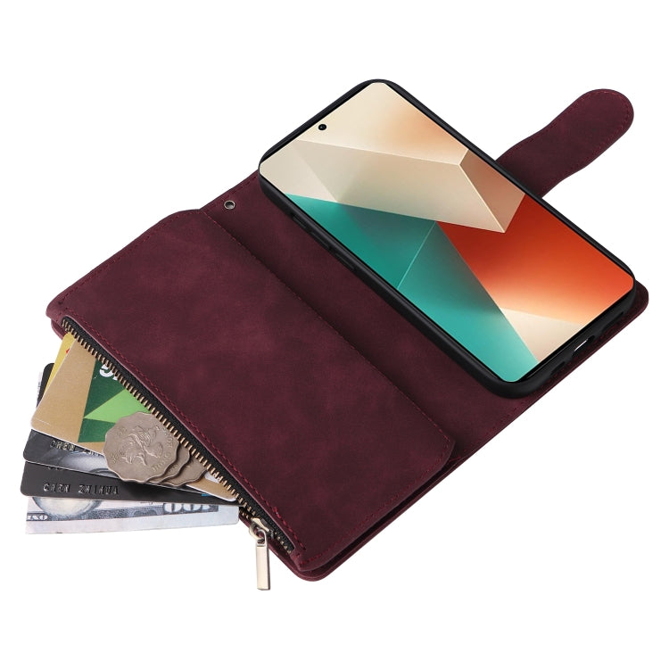 For Xiaomi Redmi Note 13 5G Multifunctional Frosted Zipper Wallet Leather Phone Case(Wine Red) - Note 13 Cases by PMC Jewellery | Online Shopping South Africa | PMC Jewellery | Buy Now Pay Later Mobicred