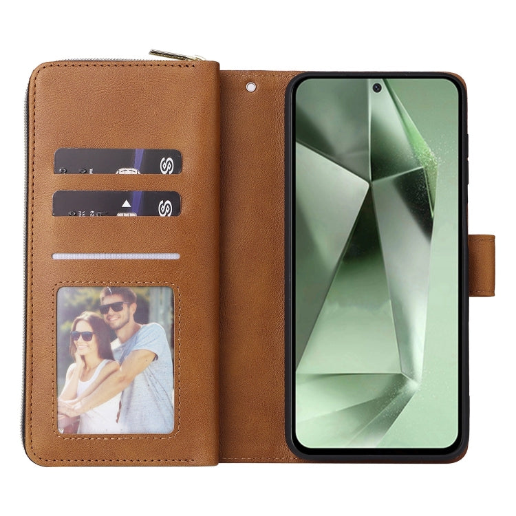 For Samsung Galaxy S24 FE 5G 9-Card Slots Zipper Wallet Bag Leather Phone Case(Brown) - Galaxy S24 FE 5G Cases by PMC Jewellery | Online Shopping South Africa | PMC Jewellery | Buy Now Pay Later Mobicred