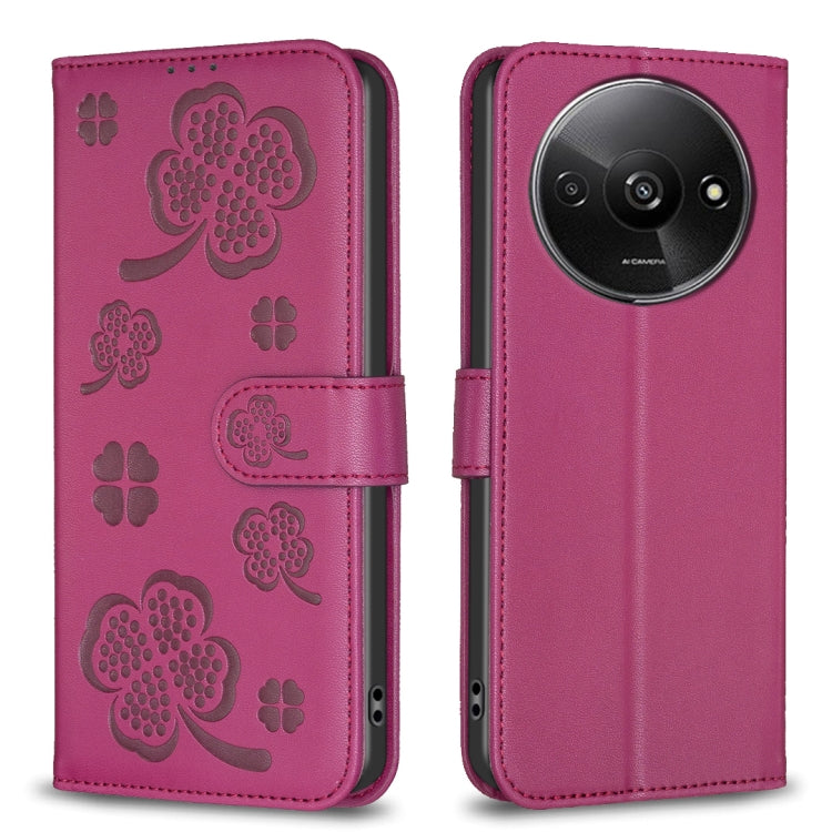 For Xiaomi Redmi A3 Four-leaf Embossed Leather Phone Case(Rose Red) - Xiaomi Cases by PMC TechLife | Online Shopping South Africa | PMC TechLife | Buy Now Pay Later Mobicred