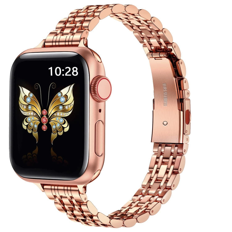 For Apple Watch SE 44mm Slim Seven Bead Slingshot Buckle Metal Watch Band(Rose Gold) - Watch Bands by PMC Jewellery | Online Shopping South Africa | PMC Jewellery