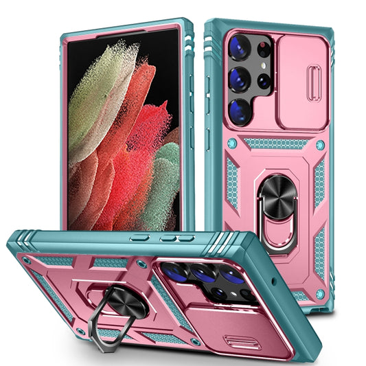 For Samsung Galaxy S24 Ultra 5G Sliding Camshield TPU + PC Phone Case with Holder(Pink+Green) - Galaxy S24 Ultra 5G Cases by PMC Jewellery | Online Shopping South Africa | PMC Jewellery