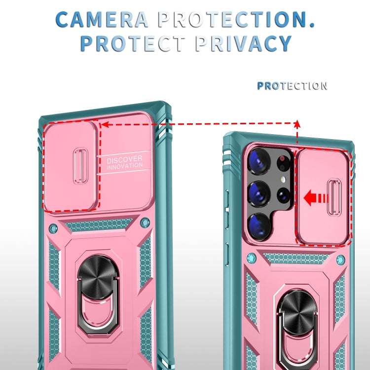 For Samsung Galaxy S24 Ultra 5G Sliding Camshield TPU + PC Phone Case with Holder(Pink+Green) - Galaxy S24 Ultra 5G Cases by PMC Jewellery | Online Shopping South Africa | PMC Jewellery