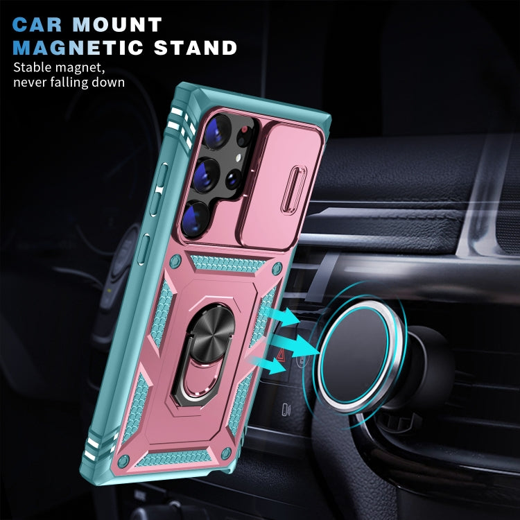 For Samsung Galaxy S24 Ultra 5G Sliding Camshield TPU + PC Phone Case with Holder(Pink+Green) - Galaxy S24 Ultra 5G Cases by PMC Jewellery | Online Shopping South Africa | PMC Jewellery