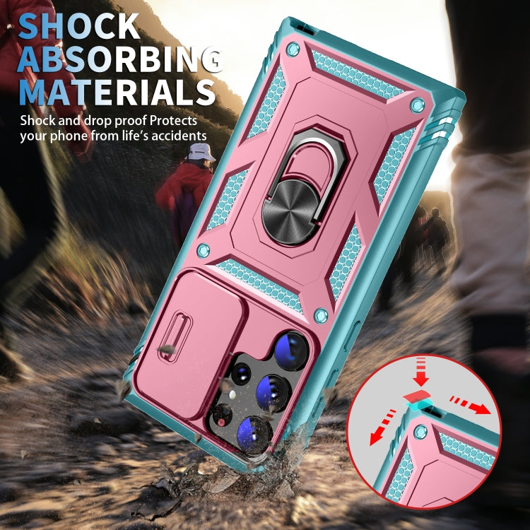 For Samsung Galaxy S24 Ultra 5G Sliding Camshield TPU + PC Phone Case with Holder(Pink+Green) - Galaxy S24 Ultra 5G Cases by PMC Jewellery | Online Shopping South Africa | PMC Jewellery