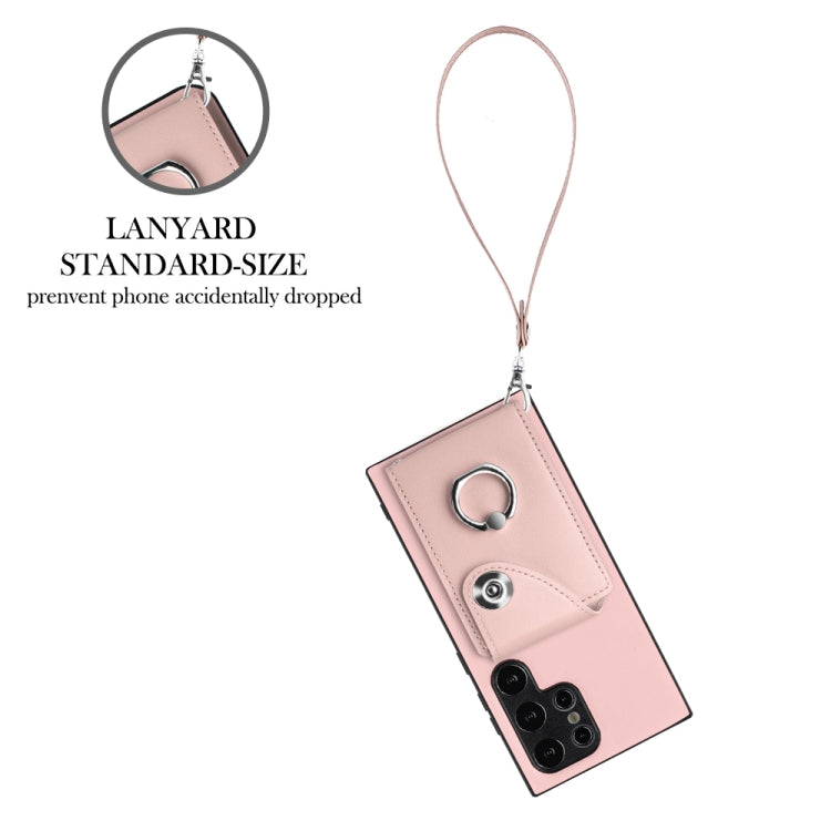 For Samsung Galaxy S24 Ultra 5G Organ Card Bag Ring Holder PU Phone Case with Lanyard(Pink) - Galaxy S24 Ultra 5G Cases by PMC Jewellery | Online Shopping South Africa | PMC Jewellery