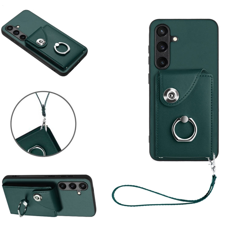 For Samsung Galaxy S24 5G Organ Card Bag Ring Holder PU Phone Case with Lanyard(Green) - Galaxy S24 5G Cases by PMC Jewellery | Online Shopping South Africa | PMC Jewellery