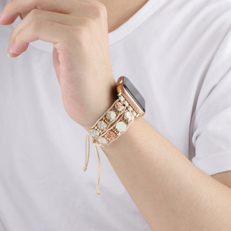 For Apple Watch Series 9 45mm Hexagonal Stones Drawstring Chain Watch Band(Beige) - Watch Bands by PMC TechLife | Online Shopping South Africa | PMC TechLife