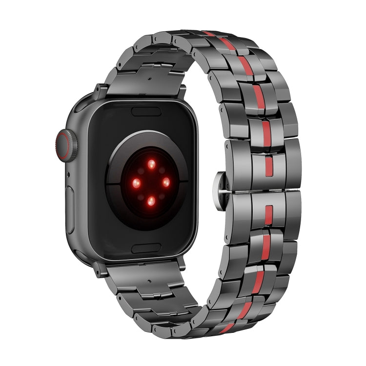 For Apple Watch Series 5 44mm Butterfly Buckle 5-Beads Metal Watch Band(Black Red) - Watch Bands by PMC Jewellery | Online Shopping South Africa | PMC Jewellery