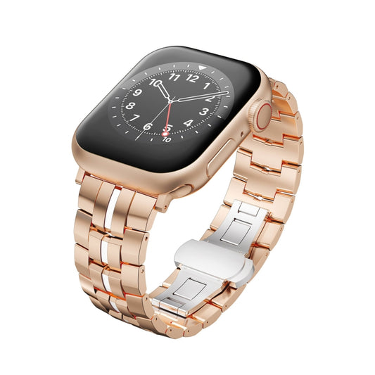 For Apple Watch 42mm Butterfly Buckle 5-Beads Metal Watch Band(Rose Gold White) - Watch Bands by PMC Jewellery | Online Shopping South Africa | PMC Jewellery