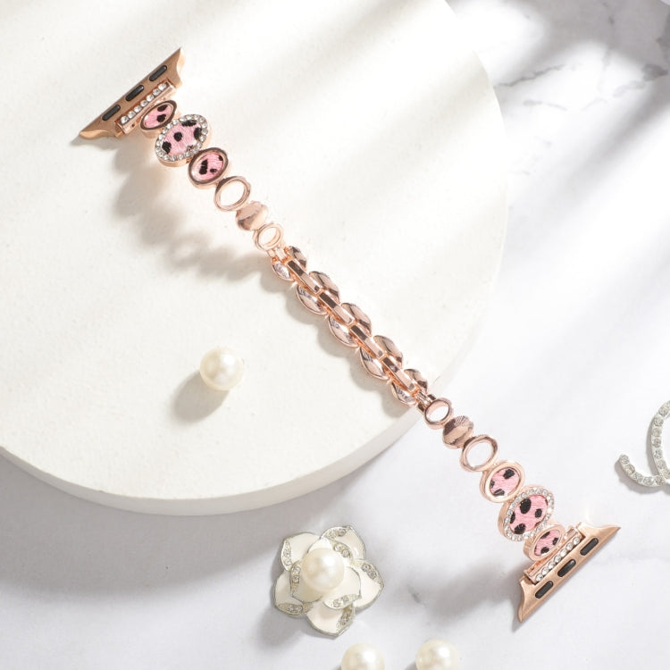 For Apple Watch Series 2 38mm Leopard Rhinestones Metal Chain Watch Band(Rose Gold) - Watch Bands by PMC Jewellery | Online Shopping South Africa | PMC Jewellery