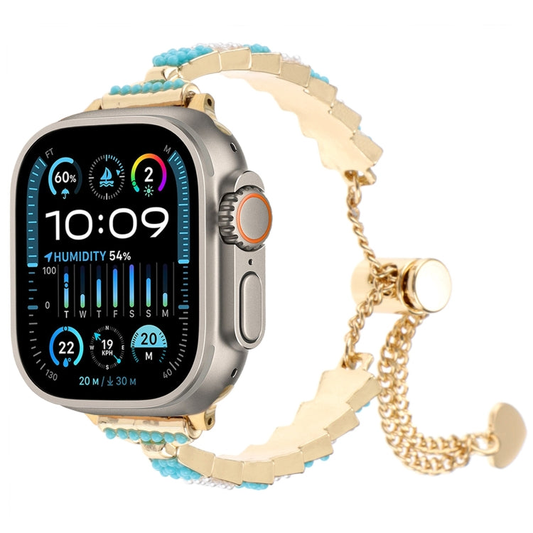 For Apple Watch Ultra 49mm Shell Beads Chain Bracelet Metal Watch Band(Blue White Gold) - Watch Bands by PMC Jewellery | Online Shopping South Africa | PMC Jewellery