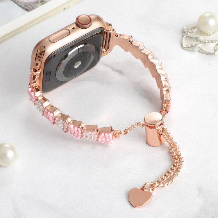 For Apple Watch Series 8 41mm Shell Beads Chain Bracelet Metal Watch Band(Pink White Rose Gold) - Watch Bands by PMC Jewellery | Online Shopping South Africa | PMC Jewellery