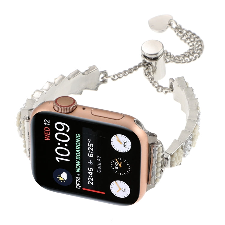 For Apple Watch SE 2022 40mm Shell Beads Chain Bracelet Metal Watch Band(Beige White Silver) - Watch Bands by PMC Jewellery | Online Shopping South Africa | PMC Jewellery