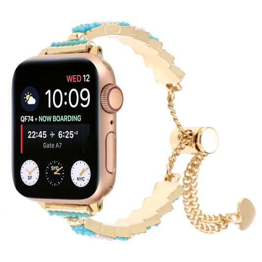 For Apple Watch SE 44mm Shell Beads Chain Bracelet Metal Watch Band(Blue White Gold) - Watch Bands by PMC Jewellery | Online Shopping South Africa | PMC Jewellery