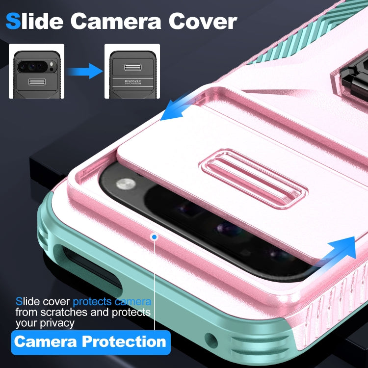 For Google Pixel 9 Pro XL Sliding Camshield Holder Phone Case(Pink + Grey Green) - Google Cases by PMC Jewellery | Online Shopping South Africa | PMC Jewellery | Buy Now Pay Later Mobicred