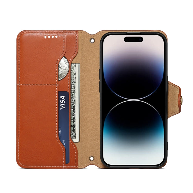 For iPhone 16 Plus Denior Cowhide Texture Wallet Style Leather Phone Case(Brown) - iPhone 16 Plus Cases by Denior | Online Shopping South Africa | PMC Jewellery | Buy Now Pay Later Mobicred