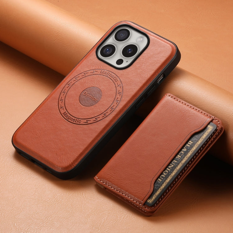 For iPhone 16 Pro Max Denior Cowhide Texture Leather MagSafe Detachable Wallet Phone Case(Brown) - iPhone 16 Pro Max Cases by Denior | Online Shopping South Africa | PMC Jewellery | Buy Now Pay Later Mobicred