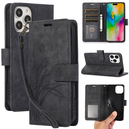 For iPhone 16 Pro Max Orchid Butterfly Embossed Leather Phone Case(Black) - iPhone 16 Pro Max Cases by PMC Jewellery | Online Shopping South Africa | PMC Jewellery | Buy Now Pay Later Mobicred