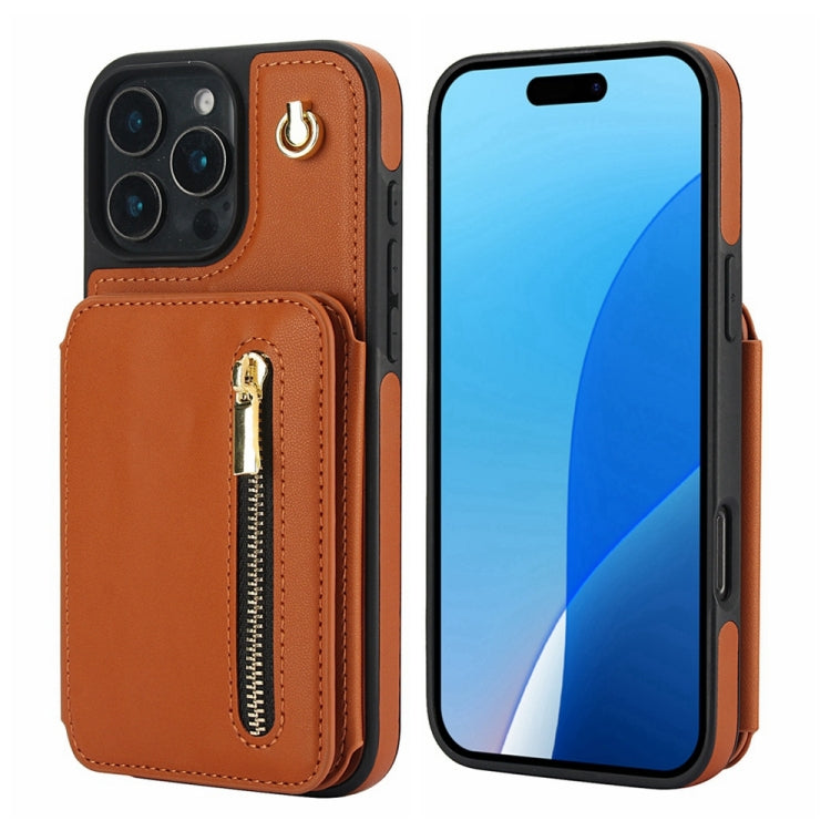 For iPhone 16 Pro YM006 Skin Feel Zipper Card Bag Phone Case with Dual Lanyard(Brown) - iPhone 16 Pro Cases by PMC Jewellery | Online Shopping South Africa | PMC Jewellery | Buy Now Pay Later Mobicred