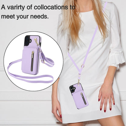 For iPhone 16 Plus YM006 Skin Feel Zipper Card Bag Phone Case with Dual Lanyard(Light Purple) - iPhone 16 Plus Cases by PMC Jewellery | Online Shopping South Africa | PMC Jewellery | Buy Now Pay Later Mobicred