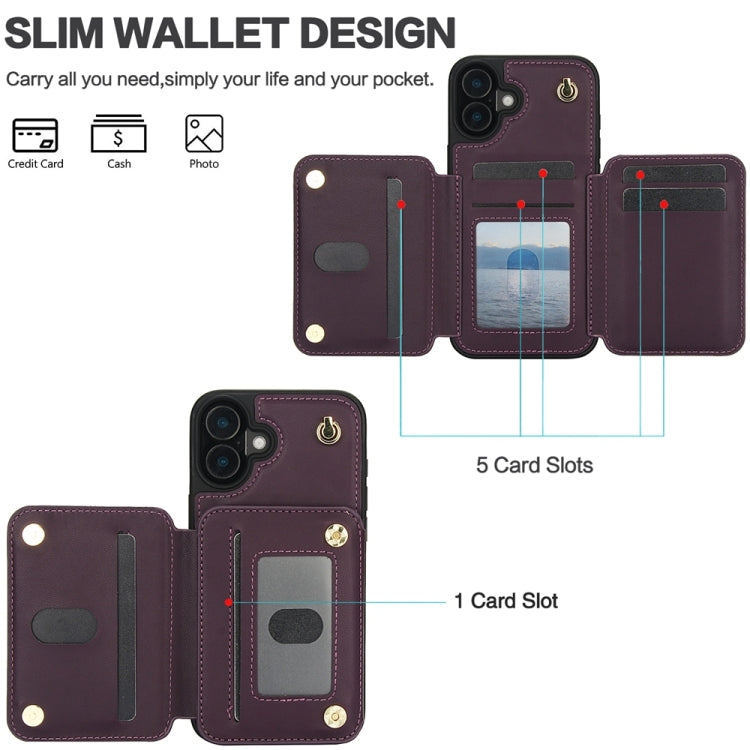 For iPhone 16 YM006 Skin Feel Zipper Card Bag Phone Case with Dual Lanyard(Dark Purple) - iPhone 16 Cases by PMC Jewellery | Online Shopping South Africa | PMC Jewellery | Buy Now Pay Later Mobicred