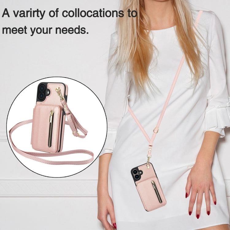 For iPhone 16 YM006 Skin Feel Zipper Card Bag Phone Case with Dual Lanyard(Rose Gold) - iPhone 16 Cases by PMC Jewellery | Online Shopping South Africa | PMC Jewellery | Buy Now Pay Later Mobicred