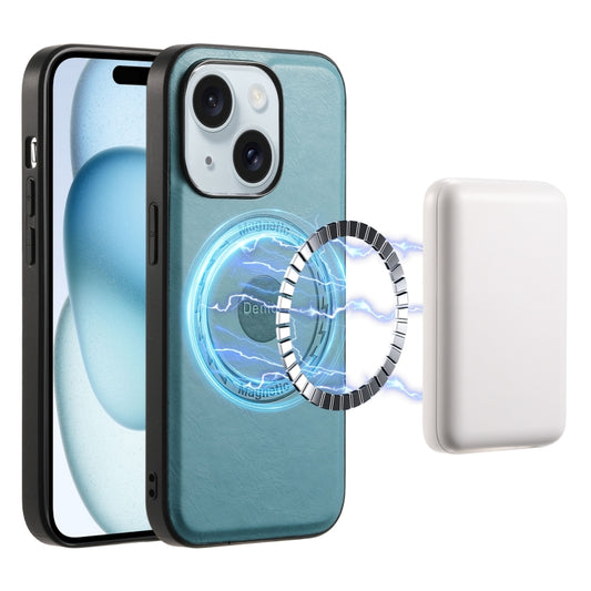 For iPhone 15 Plus Denior Cowhide Texture Leather MagSafe Phone Case(Blue) - iPhone 15 Plus Cases by Denior | Online Shopping South Africa | PMC Jewellery