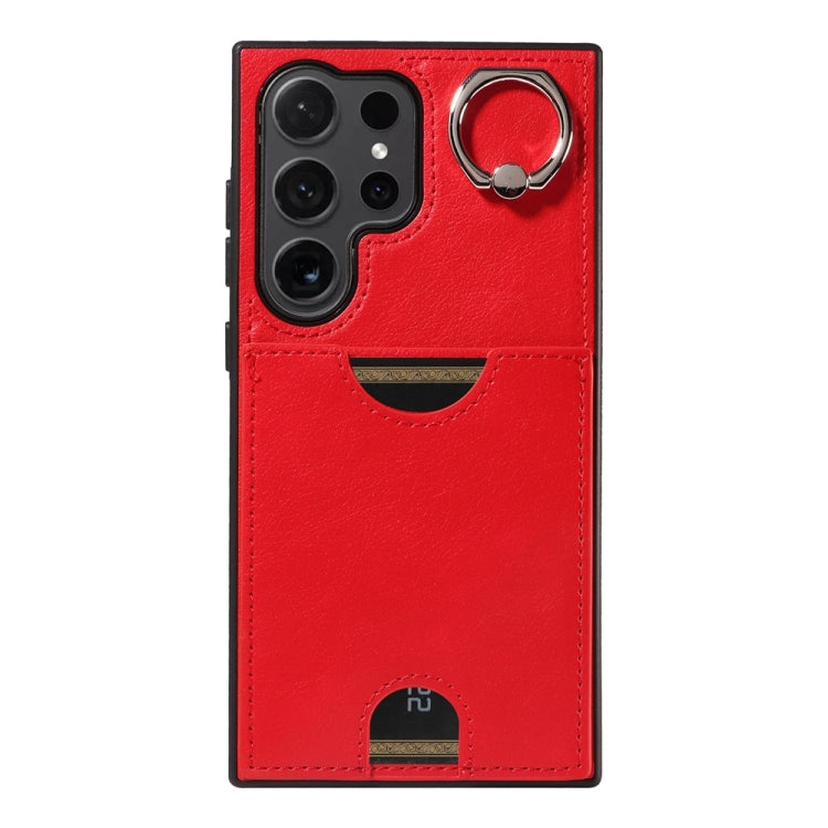 For Samsung Galaxy S24 Ultra 5G Calf Texture Card Slot Ring Holder Phone Case(Red) - Galaxy S24 Ultra 5G Tempered Glass by PMC Jewellery | Online Shopping South Africa | PMC Jewellery