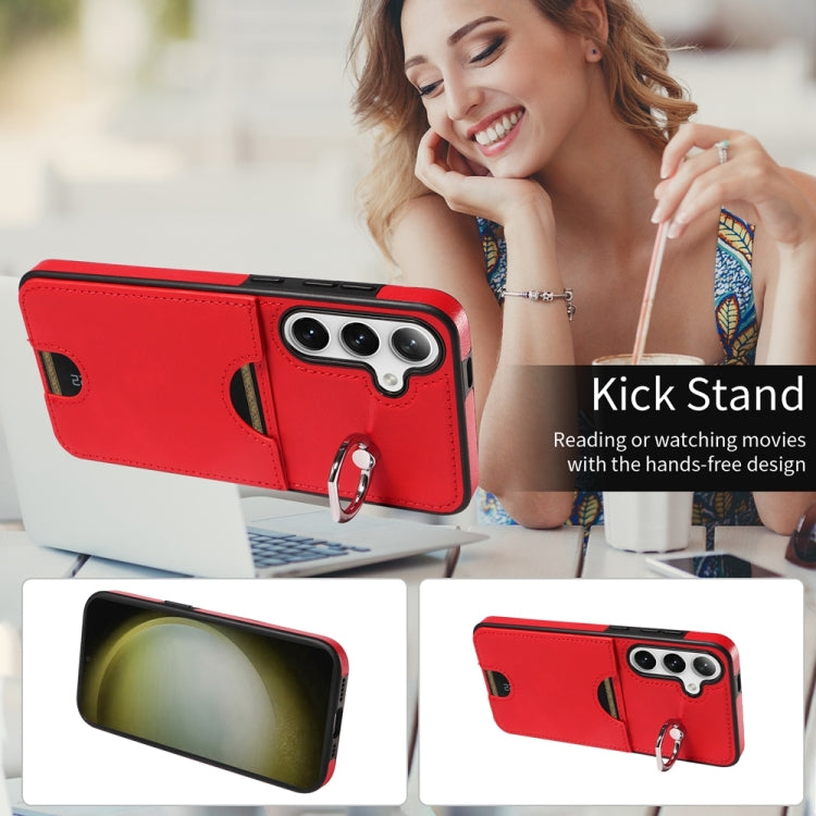 For Samsung Galaxy S24+ 5G Calf Texture Card Slot Ring Holder Phone Case(Red) - Galaxy S24+ 5G Cases by PMC Jewellery | Online Shopping South Africa | PMC Jewellery