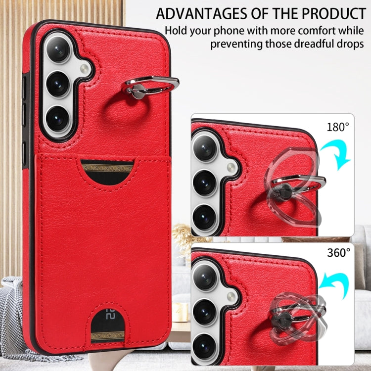 For Samsung Galaxy S24+ 5G Calf Texture Card Slot Ring Holder Phone Case(Red) - Galaxy S24+ 5G Cases by PMC Jewellery | Online Shopping South Africa | PMC Jewellery