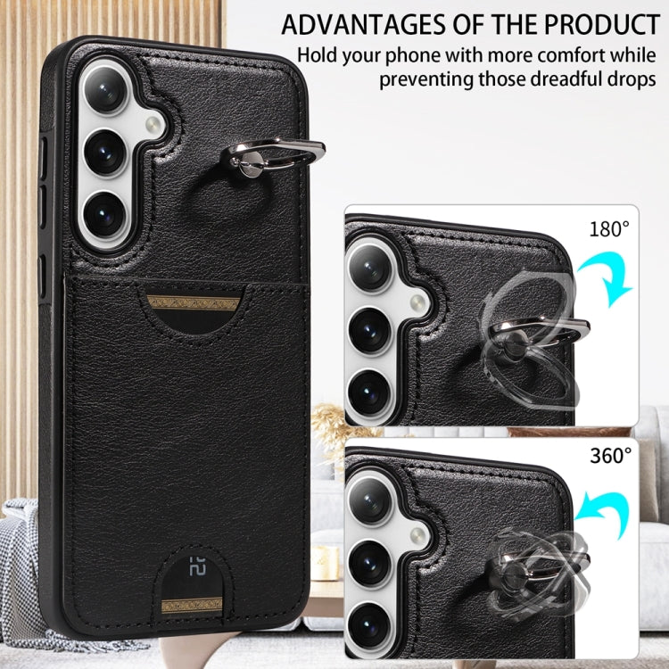 For Samsung Galaxy S24+ 5G Calf Texture Card Slot Ring Holder Phone Case(Black) - Galaxy S24+ 5G Cases by PMC Jewellery | Online Shopping South Africa | PMC Jewellery