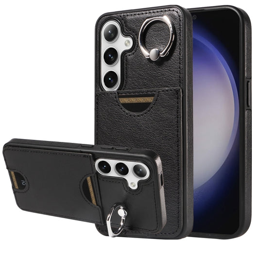 For Samsung Galaxy S24 5G Calf Texture Card Slot Ring Holder Phone Case(Black) - Galaxy S24 5G Cases by PMC Jewellery | Online Shopping South Africa | PMC Jewellery