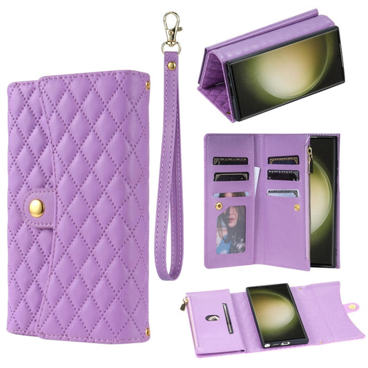 For Samsung Galaxy S24 Ultra 5G Zipper Multi-Card Wallet Rhombic Leather Phone Case(Purple) - Galaxy S24 Ultra 5G Cases by PMC Jewellery | Online Shopping South Africa | PMC Jewellery | Buy Now Pay Later Mobicred