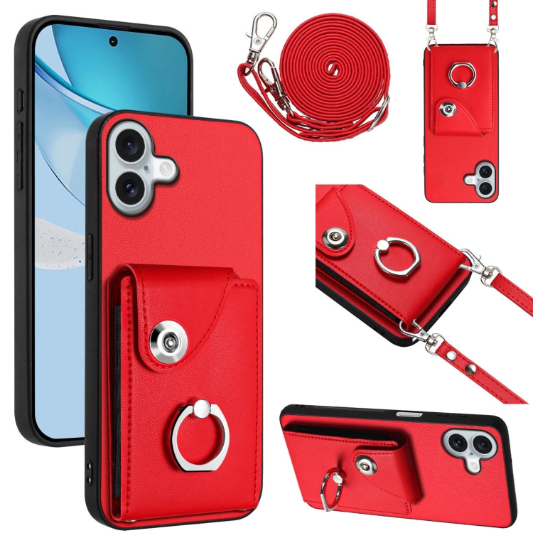 For iPhone 16 Plus Organ Card Bag Ring Holder Phone Case with Long Lanyard(Red) - iPhone 16 Plus Cases by PMC Jewellery | Online Shopping South Africa | PMC Jewellery | Buy Now Pay Later Mobicred